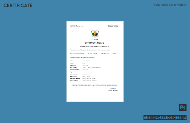 Zentralafrikanische Republik, Geburtsurkunde (Word- und PDF-Beispiel)